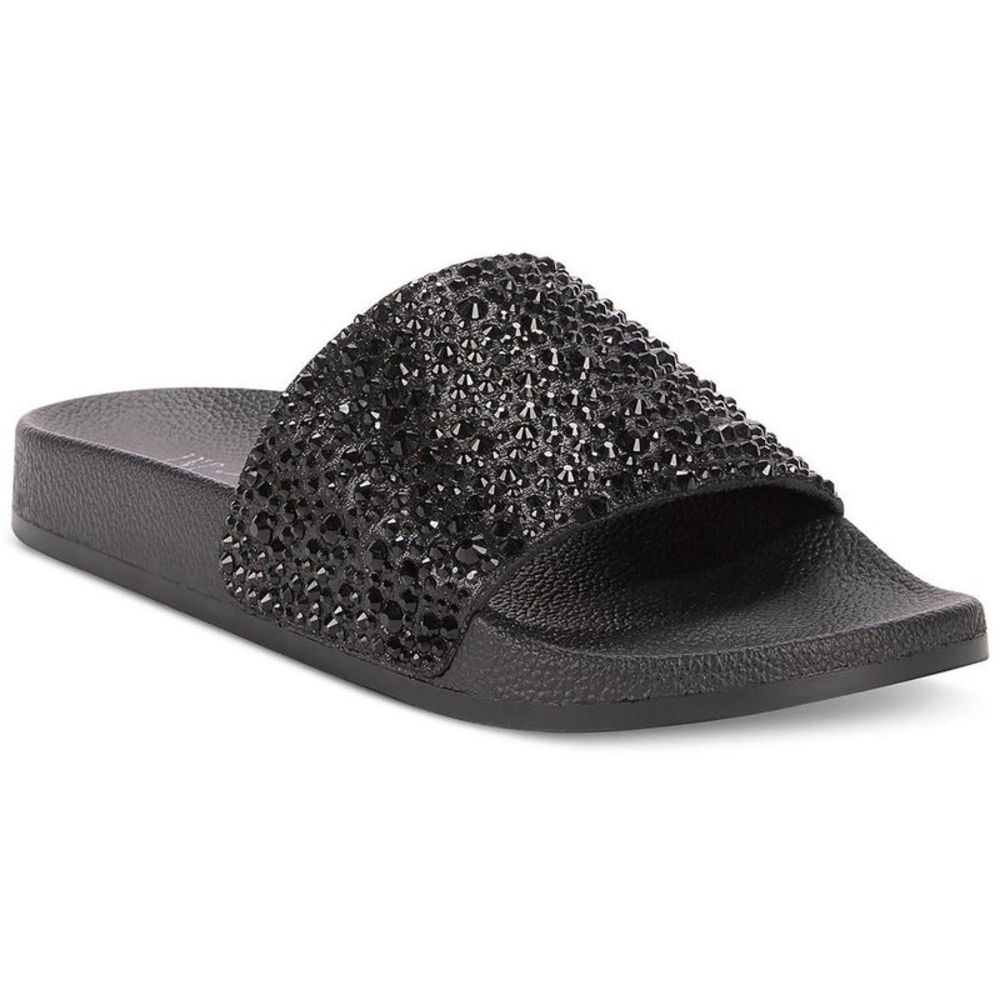 INC Womens Peymin  Black Rhinestone Slip On Flats Pool Slides Shoes NWT
